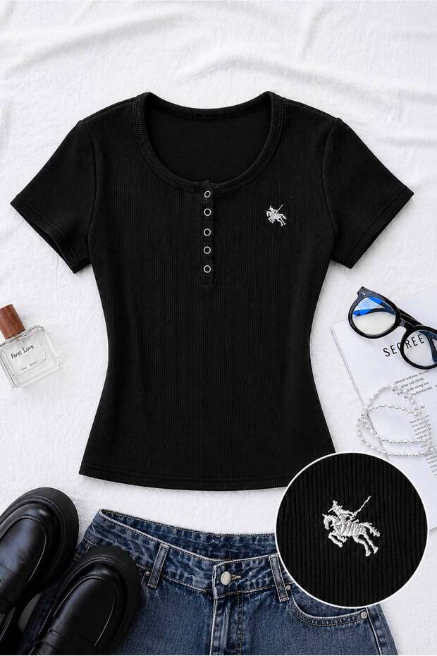 Ophella Soft Detailed Embroidered Snap-Button Blouse