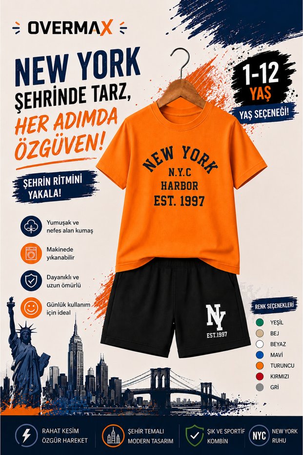 New York Harbor Printed Children's Set – T-Shirt & Shorts 2-Piece Combination | Trendy Summer Set for Ages 1-12