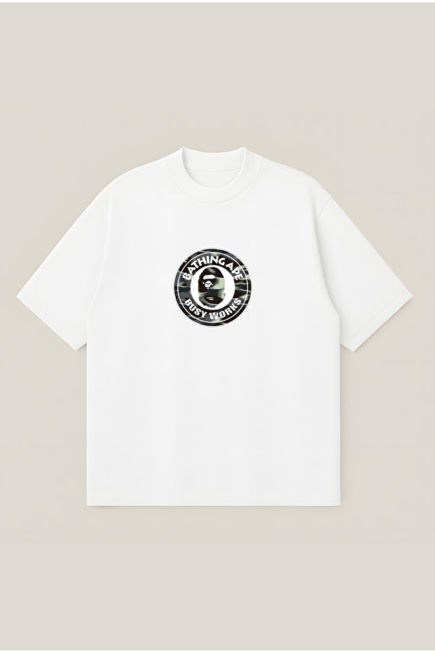 A Bathing Ape Busy Works Black Printed Oversize Boxy Cut Unisex 100% Cotton Printed Tshirt | Streetwear