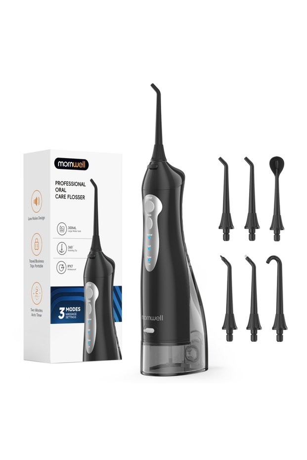 Black Mornwell Water Flosser Teeth Pick: Cordless Oral Water Floss 300ML Rechargeable Travel Irrigat