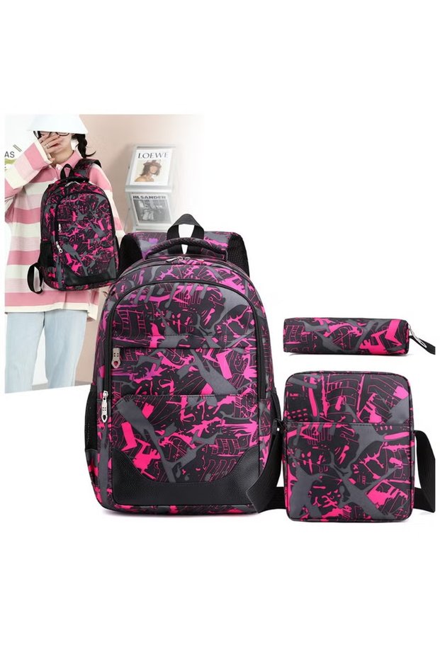 (ie18-Purple)3Pcs School Backpack Set, Large Capacity Book Bag School Bags with Crossbody Bag and Pencil Bag, Lightweight Durable Backbag Casual Daypack Schoolbag for Student Boys Girls Teens