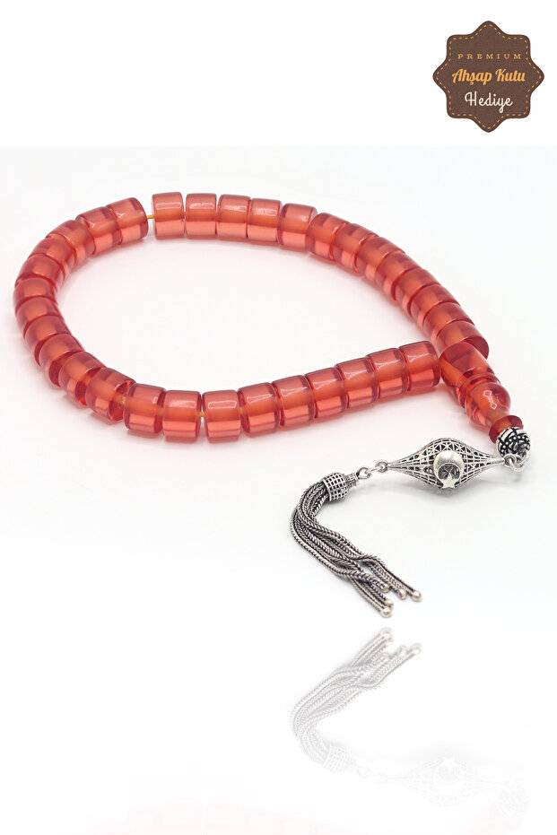 Light Red Moon Star Silver Tassel Wheel Cut Nefrit Stone Prayer Beads 201025705