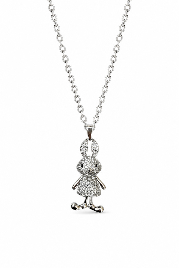 Gray Steel Necklace with Cute Rabbit Figure and Shiny Stone, Women's and Children's Gift Jewelry Accessory
