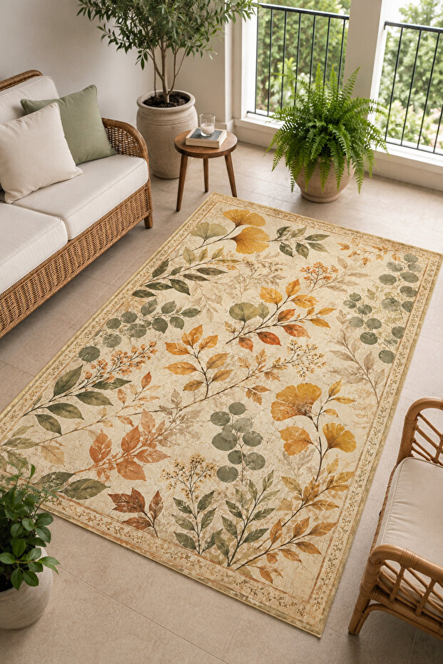 Flower Leaf Patterned Non-Slip Base Machine Washable Digital Printed Chenille Carpet Rug Runner