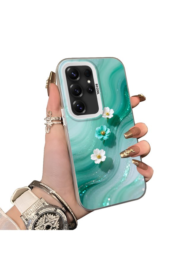 Samsung Galaxy S25 Ultra Compatible Silicone Edge Hard Back Case Couple Phone Case with Floral Pattern