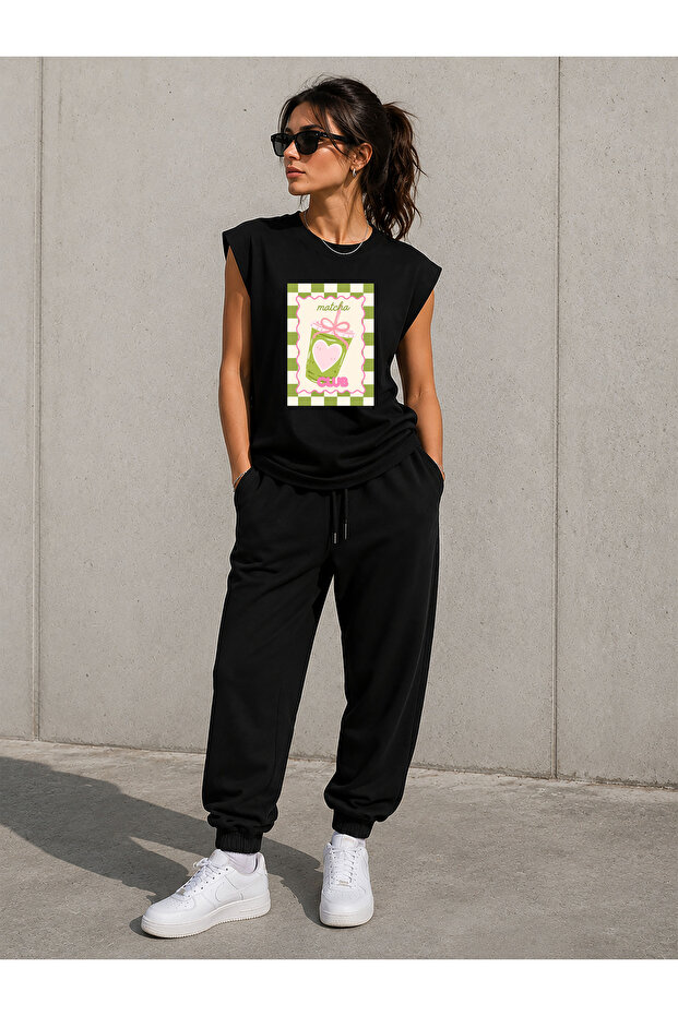 Matcha Print Detailed Zero Sleeve Crew Neck T-Shirt