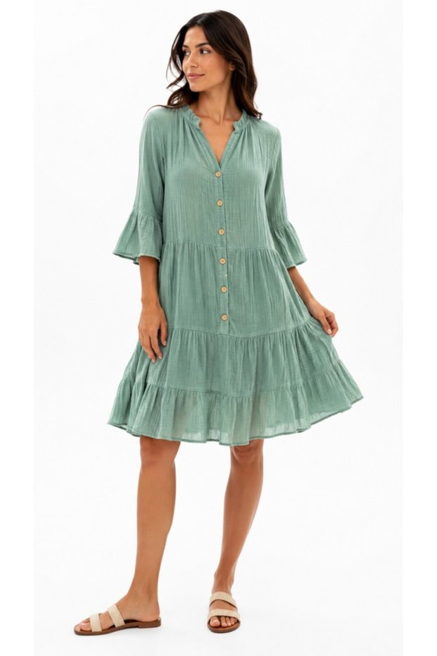 Pasitona Women's Muslin Fabric Buttoned Layered Dress with Flounce Detail – Standard Size
