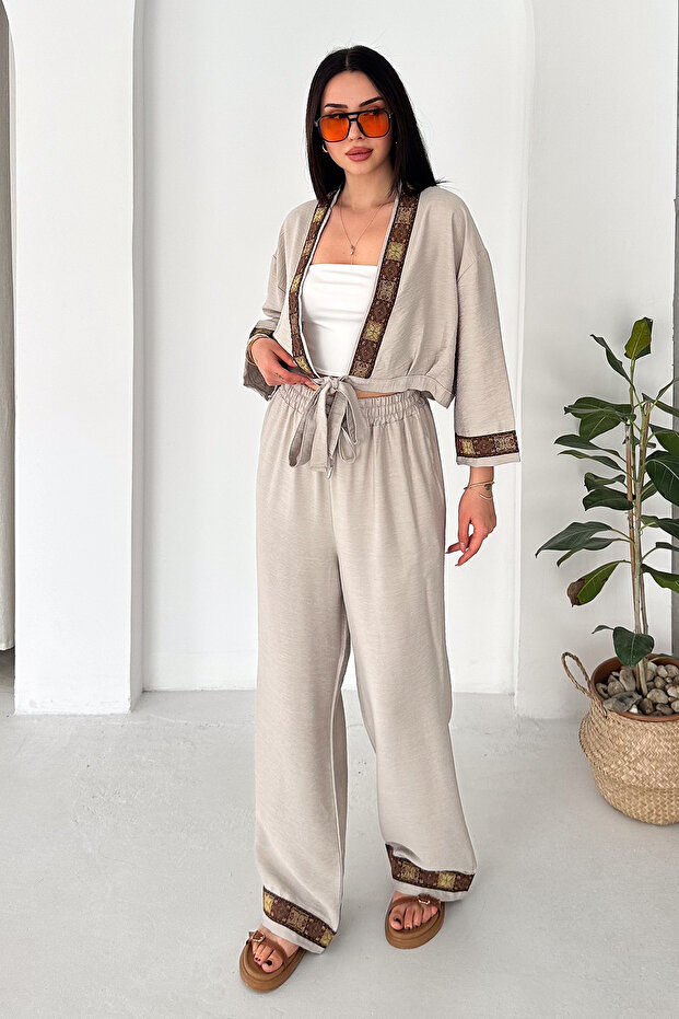 Women's Ethnic Pattern Detailed Kimono Pants Set – Belted Loose 2-Piece Summer Set