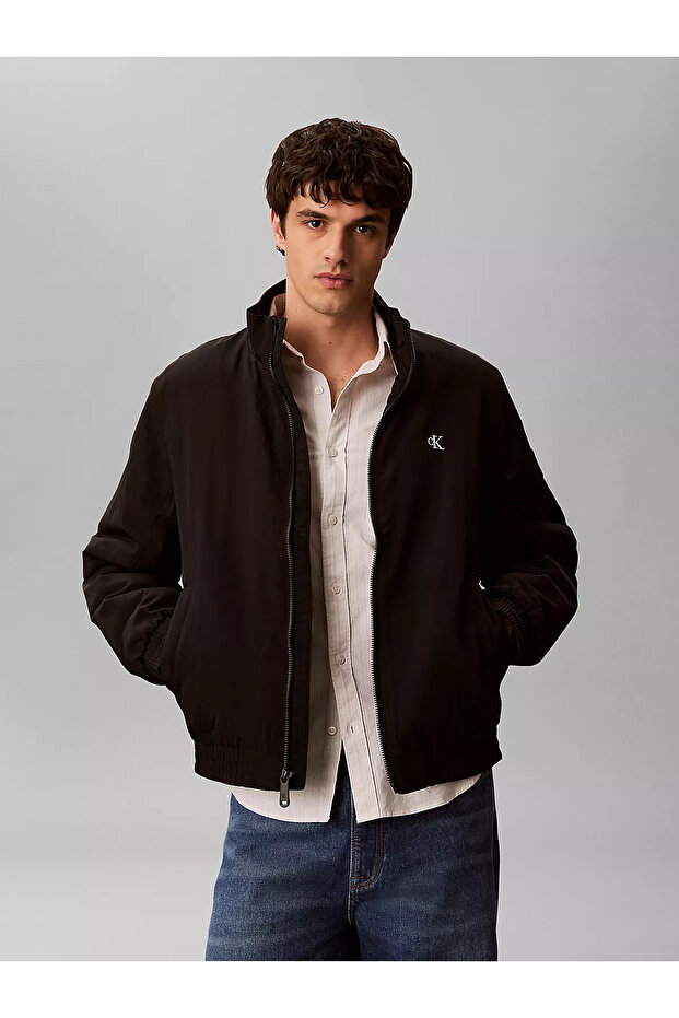 Men's Regular Fit Stand Collar Zippered Long Sleeve Black Jacket