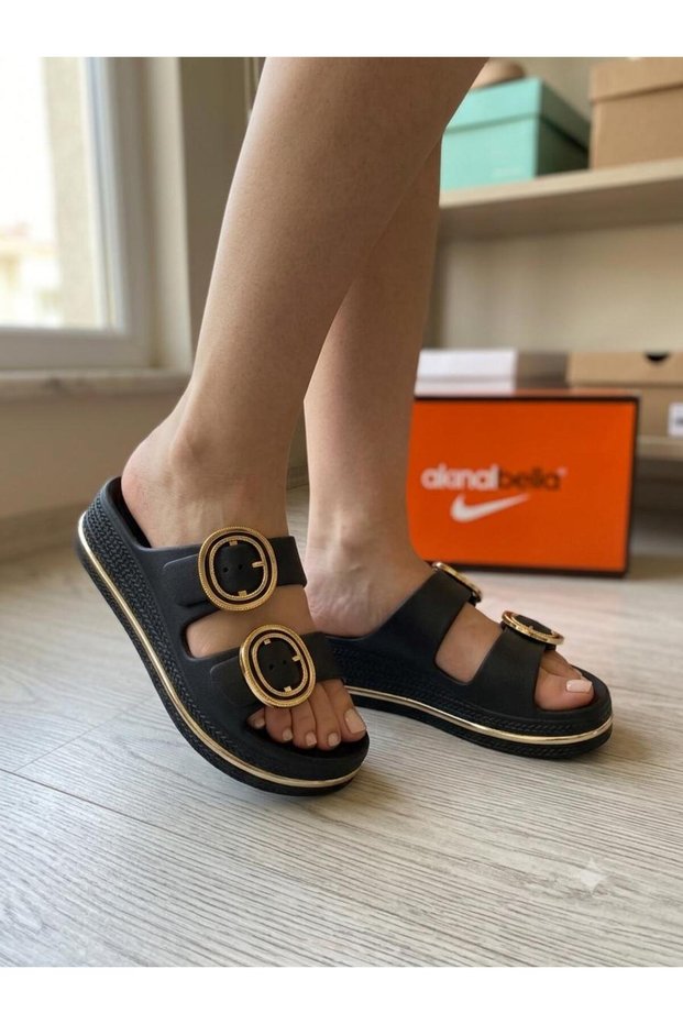 Black Padded Sole Round Gold Buckle Orthopedic Daily Beach Pool Anti-Slip Slippers