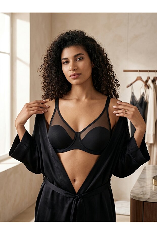 Black Sheer Tulle Paneled Bra – Molded Cup and Underwire Support