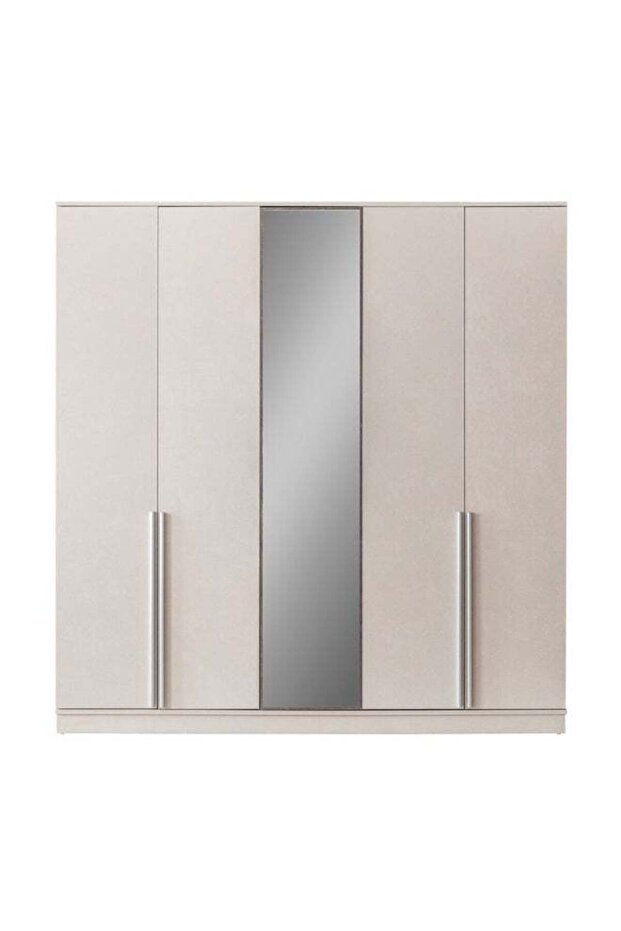 Gotham 5 Door Wardrobe With Mirror | Sturdy Closet Clothes Storage Cupboard | Modern Design Space Saving Swing Door Cabinet For Bedroom L210xW60xH219cm-Grey