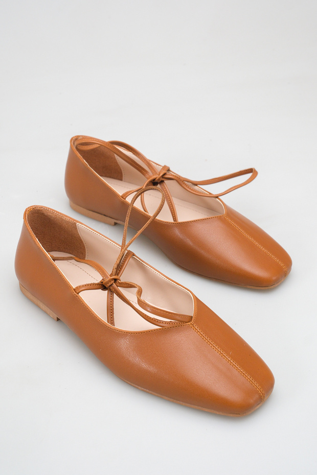 Brown Women's Ballerina Leather Lace-Up Detailed Square Toe Comfortable Non-Slip Sole Shoes Rachel