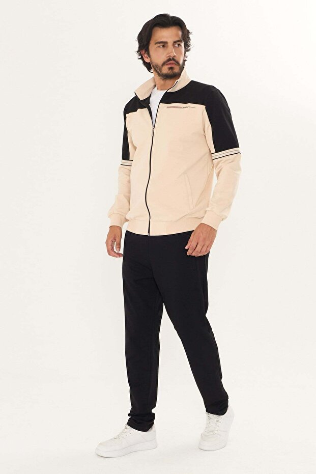 Men's Cotton Stand Collar Tracksuit Set Beige-Black -9537