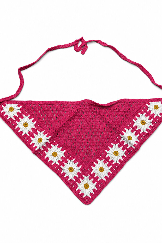 Handmade Crochet Daisy Patterned Fuchsia Summer Bandana Hair and Neck Accessory