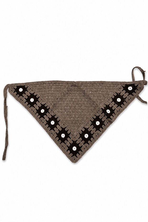 Hand Knitted Crochet Bohemian Style Brown and White Patterned Tie-On Bandana
