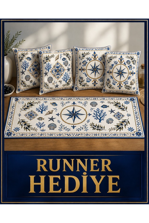 Mediterranean Inspired Sea Themed Digital Printed Set of 4 Throw Pillow Covers + Gift 45X100 cm Table Runner