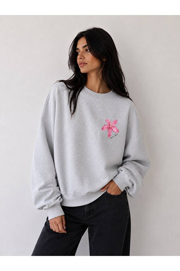 Women's Pink Floral Printed Crew Neck Sweatshirt