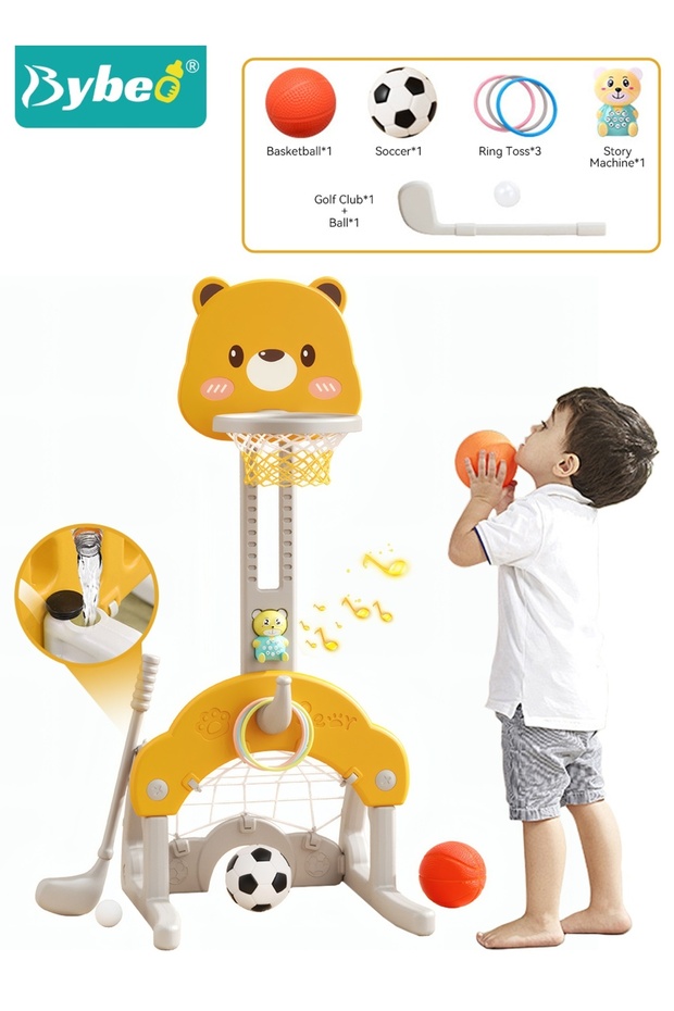 5-In-1 Kids Basketball Hoop, Multifunctional Basketball Stand with Football, Goal Golf, Ring Toss, and Musical Toy, Adjustable Basketball Hoop for Indoor & Outdoor, Sports Activity Play Center for Age