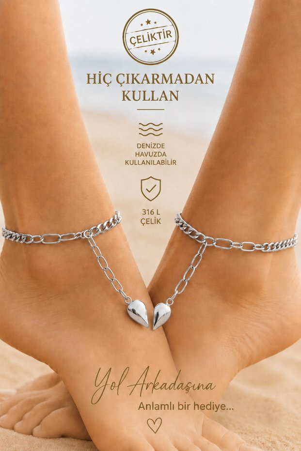316 L Steel Half Heart Detailed Anklet Set of 2 Meaningful Gift for a Friend