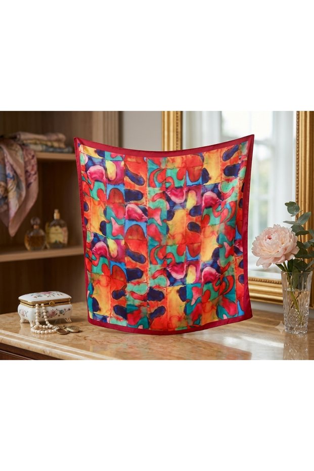 Multi-Colored Floral Patterned, Satin Scarf Shawl