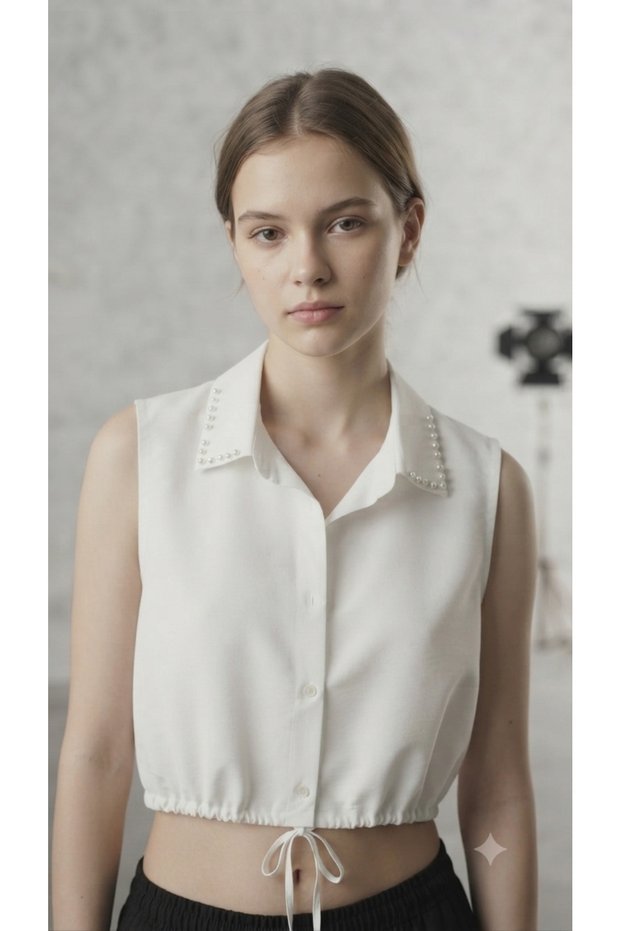 Women's White Collared Shirt with Pearls, Elastic Waist and Lace-Up Crop Design