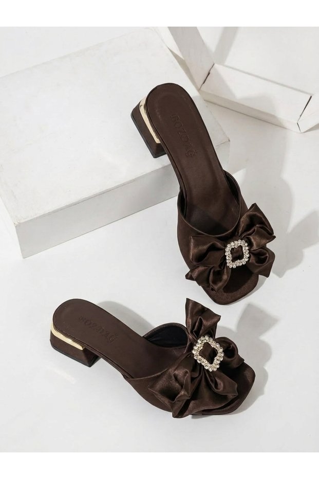 Stella Women's Brown Satin 3 cm Heeled Bow Tie Daily Slippers