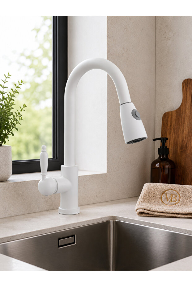 White Luxury Spiral Kitchen Faucet Matte White Sink Faucet with Extendable Head White Faucet
