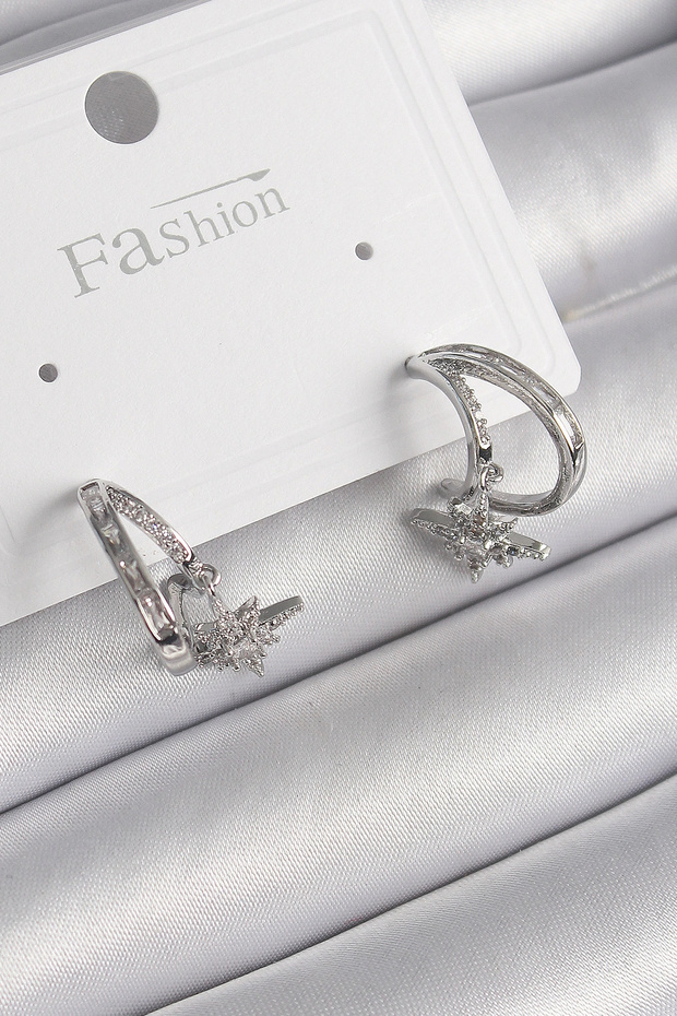 Brass Silver Color Zircon Stone Hoop Model Dangle Star Detail Women's Earrings