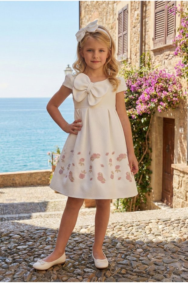 Girl's Evening Dress Floral Embroidery Big Bow Jacquard Dress and Headband Set - Birthday, Party, Wedding, Graduation (3, 4, 5, 6, 7 Years) 36178Pr