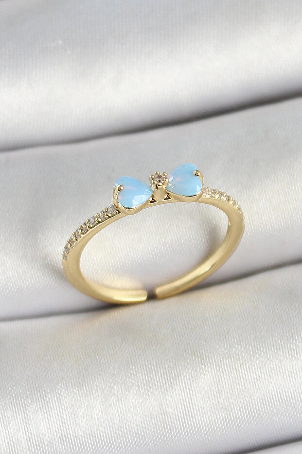 Gold Color Adjustable Women's Ring with Brass Bow Figure and Zircon Stone