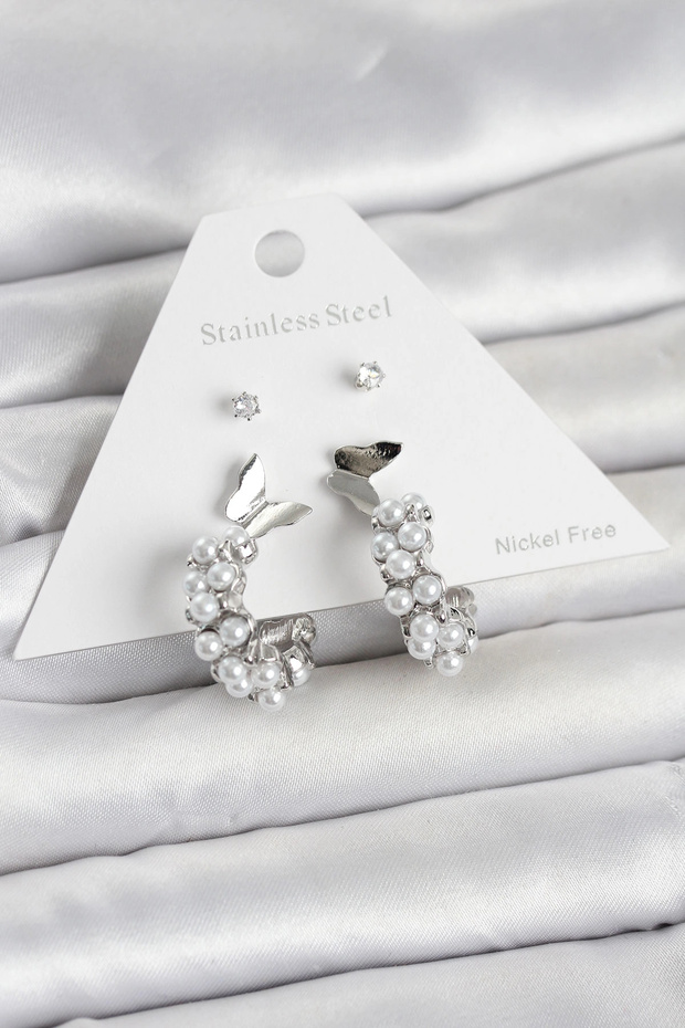 Brass Silver Color Butterfly Detailed Women's Earring Set