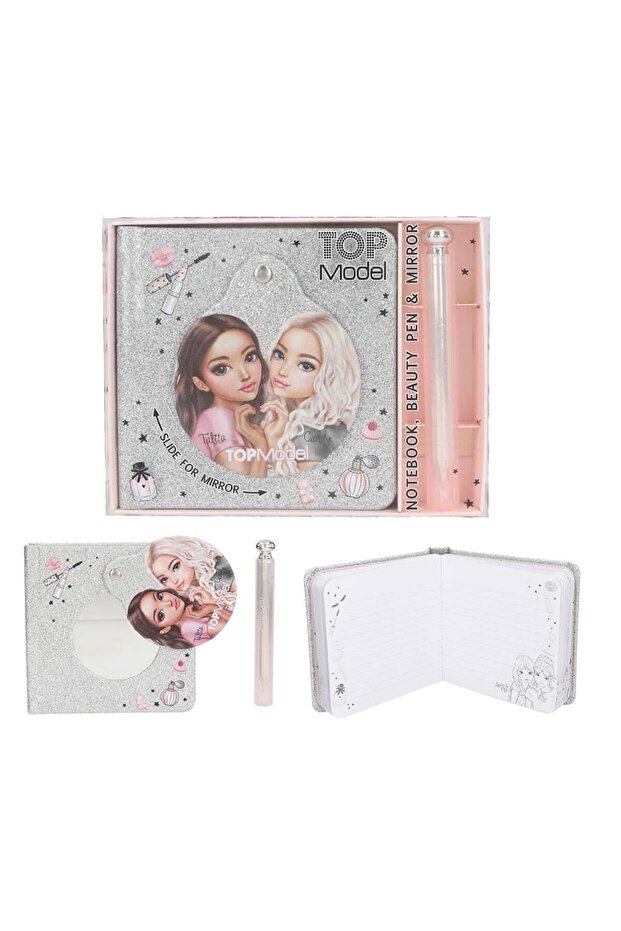 Top Model Silver Glitter Beauty Notebook and Ballpoint Pen Set - Hidden Mirror Design Daily Diary Pink