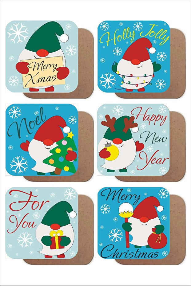 Christmas Themed Mdf Coaster Set of 6 with Dwarf Figures – New Year and Christmas Design