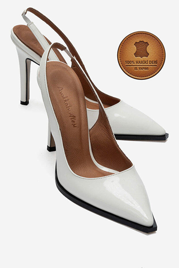 Genuine Leather White Patent Leather Pointed Toe Flat Sole Stiletto High Heel Shoes Vardola