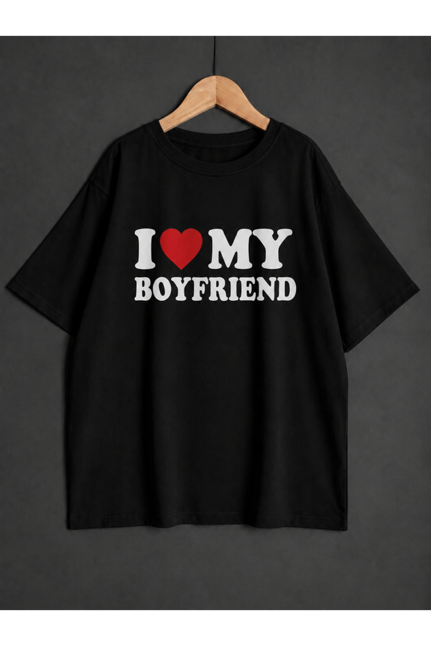 I Love My Boyfri̇end/Gi̇rlfri̇end Printed Oversized T-Shirt