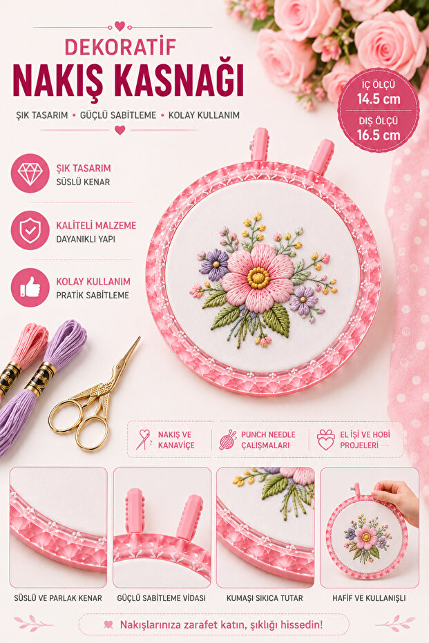 Pink Decorative Embroidery Hoop with Latch, Crystal Look - 14.5 cm