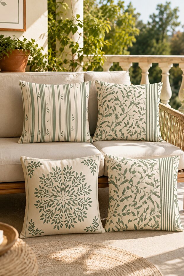 Striped Green Leaves Patterned 4-Piece Throw Pillow Cover Set