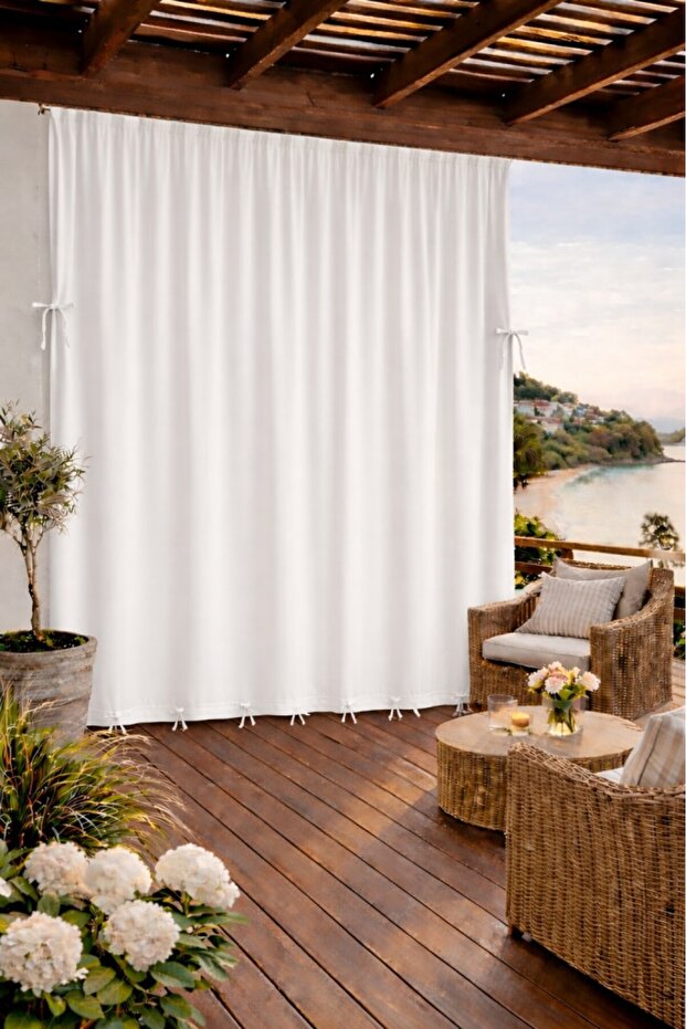 White - Balcony Curtain with Enxboy Option and Laces, Rainproof