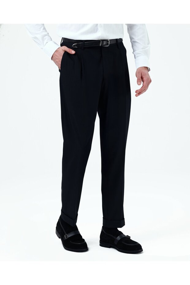 Slim Fit Double Leg Pleated Trousers Black T20130-01