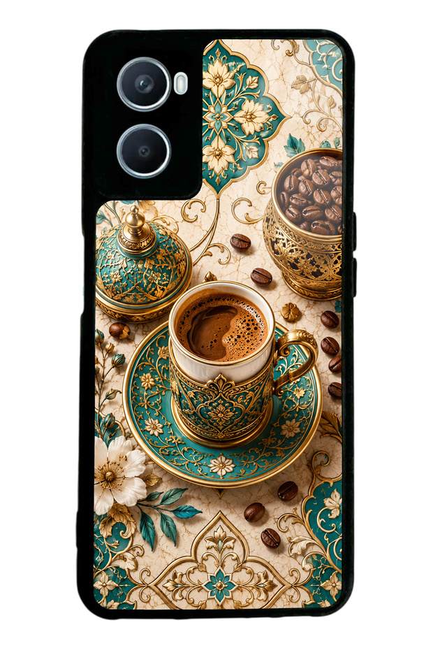 Oppo A96 Glossy Phone Case with Turquoise Ottoman Coffee Design