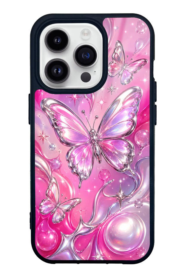 iPhone 14 Pro Pink Prism Butterfly Design Glossy Phone Case