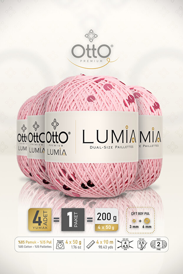 Lumia • Pink-Pink Sequin (9435) • 4-Pack × 50 Gr / 90 m • 3+6 mm Double Size Sequin Knitting Yarn • Blouse, Shawl, Bandana