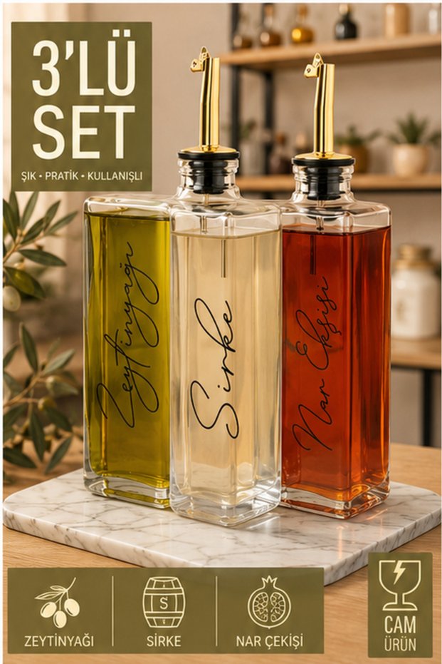 3-Piece Glass Oil and Vinegar Set 350 ml Stainless Gold Lids Leak-Proof Olive Oil Bottle (3 Pieces 350 ml)