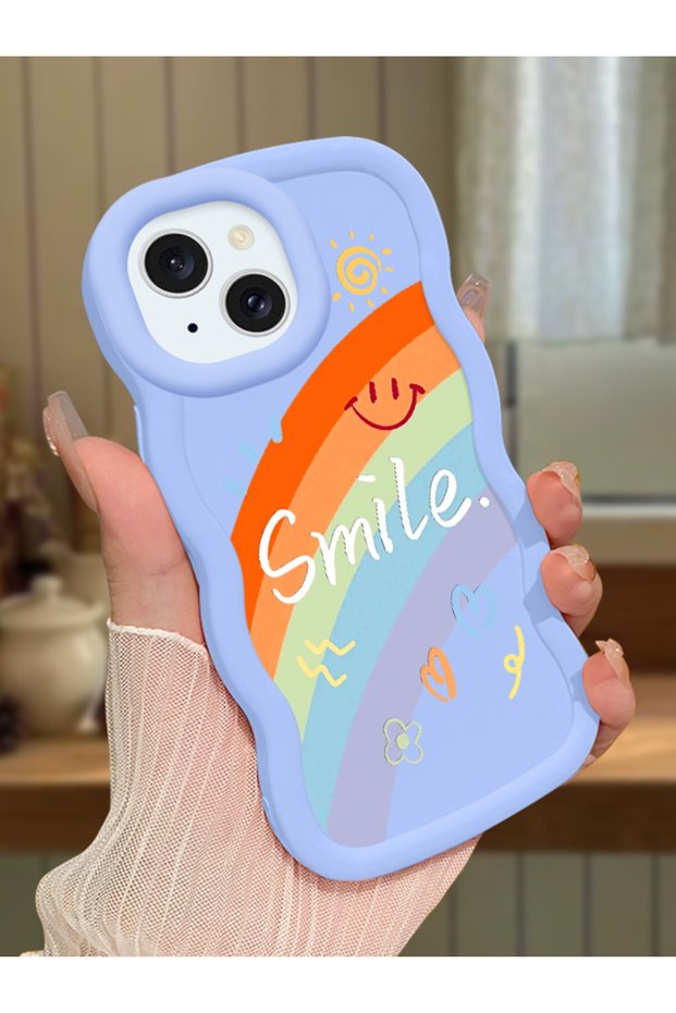 iPhone 15 Plus Compatible Case Camera Protector Blue Silicone Couple Phone Case Rainbow Pattern