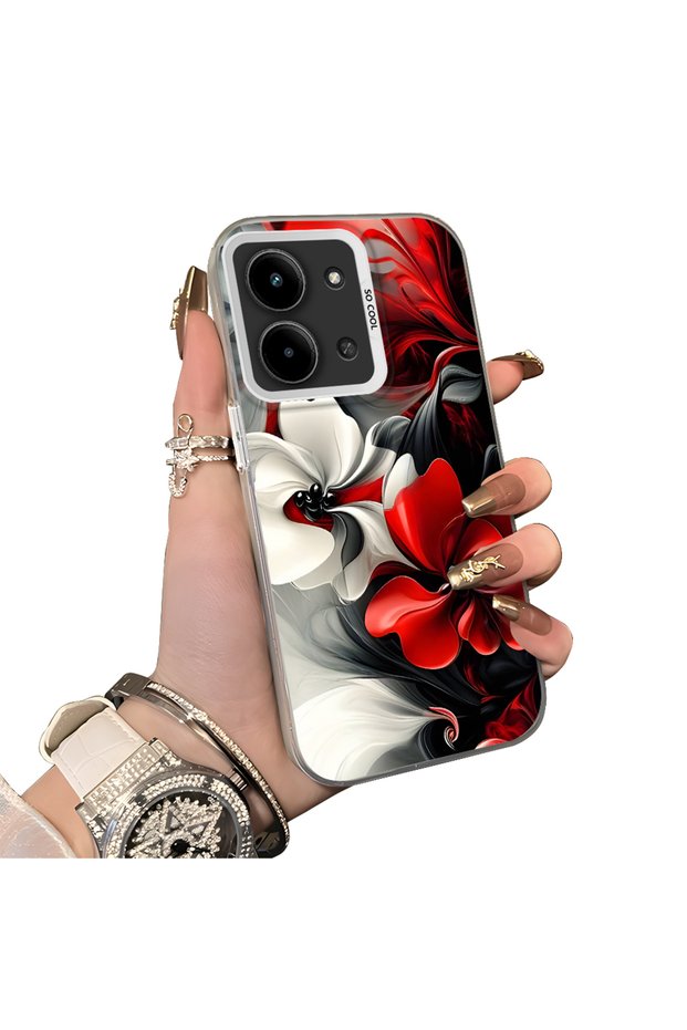 Redmi 15C 5g Compatible Silicone Edge Hard Back Case Couple Phone Case with Floral Pattern