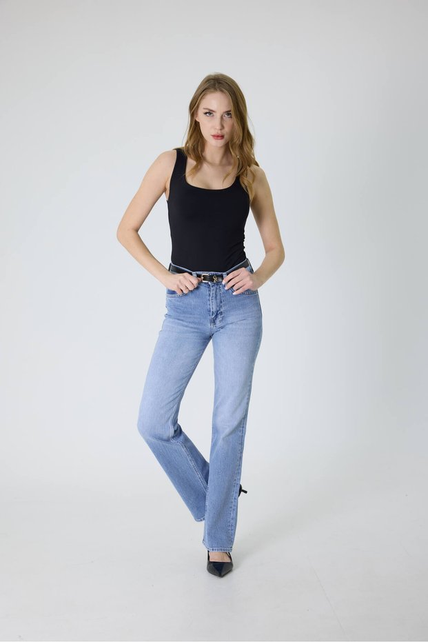 Women's Blue Snow Wash Bootcut Jean Trousers Lycra Stretchy Long Length Denim