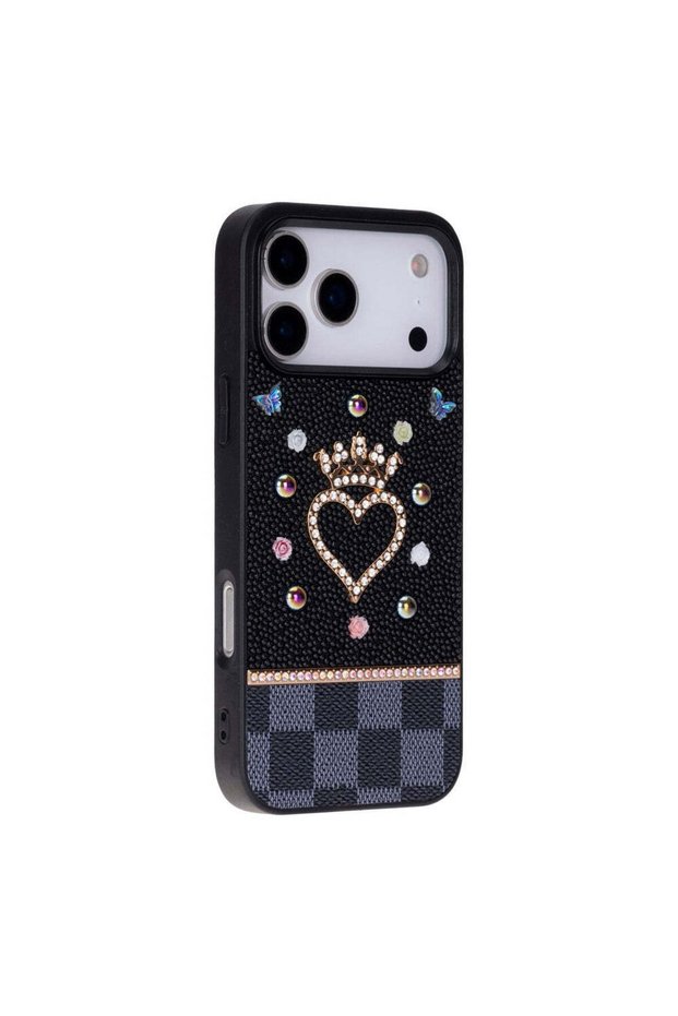 Tiara Black Crystal Heart iPhone 17 Pro Rhinestone Phone Case