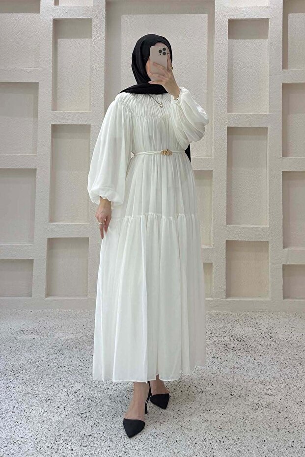 Layered Detailed Chiffon Dress White