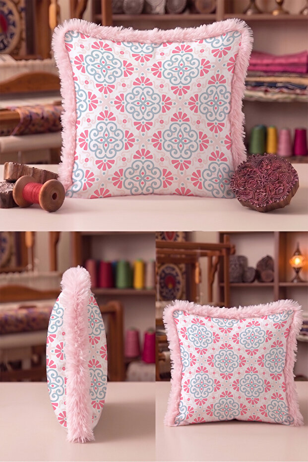 Tile Patterned Elegant Fringed Pillowcase - Ottoman Bohemian Blue Cream Pink Tassel Throw Pillow Cover